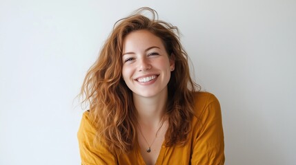 Obraz premium Smiling woman with messy curly hair and yellow top