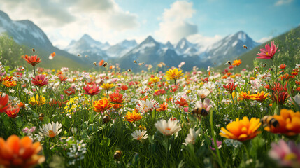 Obraz premium Beautiful meadow field with fresh grass and flowers in nature against a blurry blue sky with clouds. Summer spring perfect natural landscape. 