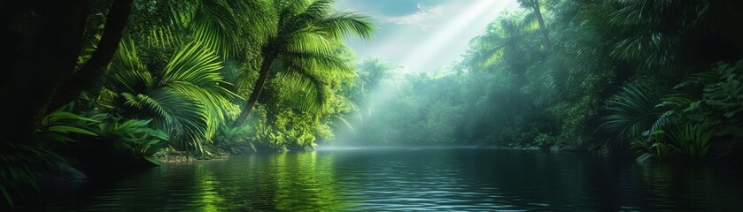 Lush rainforest with serene water reflection.