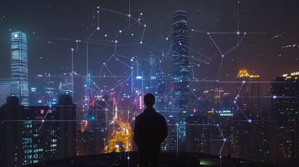 Smart digital city with connection cyber security network reciprocity over the cityscape . future smart wireless digital city and social media networking systems that connects people within the city