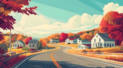 Autumn Road Winding Through Colorful Houses