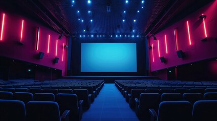 Empty Modern Cinema Auditorium with Blue Screen and Pink Lighting