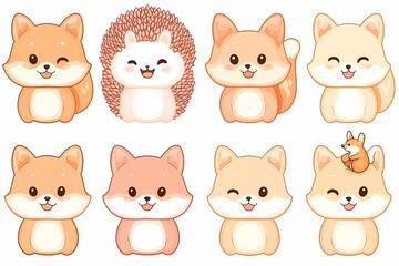 Obraz premium Cute Cartoon Characters of Corgis and Hedgehog in Various Poses