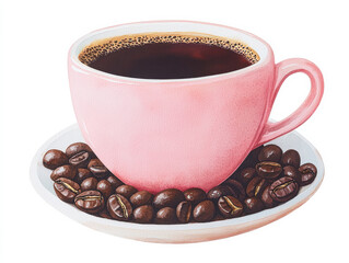 Pink cup of coffee with beans on saucer, watercolor style isolated design on white background