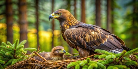 Fototapeta premium Majestic golden eagle chick nestled in its Slovakian nest; a breathtaking wildlife photography capture.