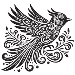 Silhouette Batik Pattern Unique Creative Art On Bird With Tree Isolated In White Background Vector 47