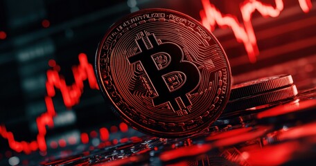 Bitcoin Cryptocurrency Coin on Red Background with Stock Market Chart