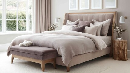 Elegant bedroom with plush bed, bench, and natural light.