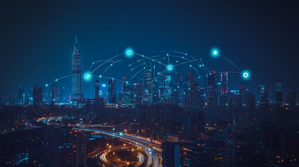 Fototapeta premium Smart digital city with connection cyber security network reciprocity over the cityscape . future smart wireless digital city and social media networking systems that connects people within the city