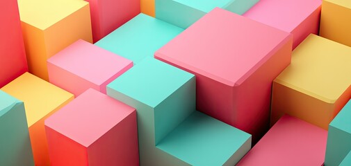 Obraz premium A close-up view of a variety of small, pastel-colored 3D blocks arranged in a seemingly random pattern.