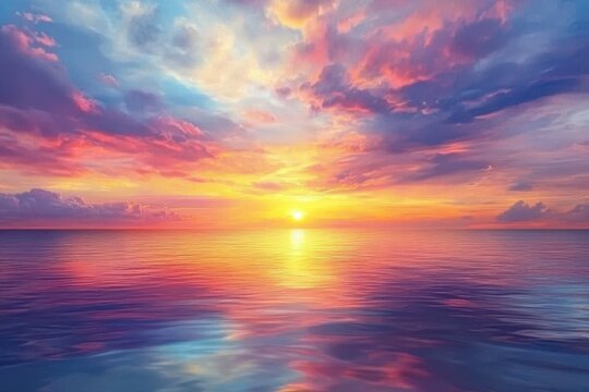 Vibrant sunset over calm ocean, reflecting colorful sky. (1)