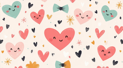 Valentine's sweet heart. Colorful heart patterns with smiling faces on a light background.