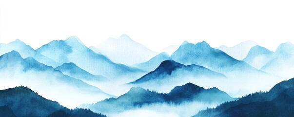 Serene watercolor landscape of layered blue mountains with a tranquil atmosphere.