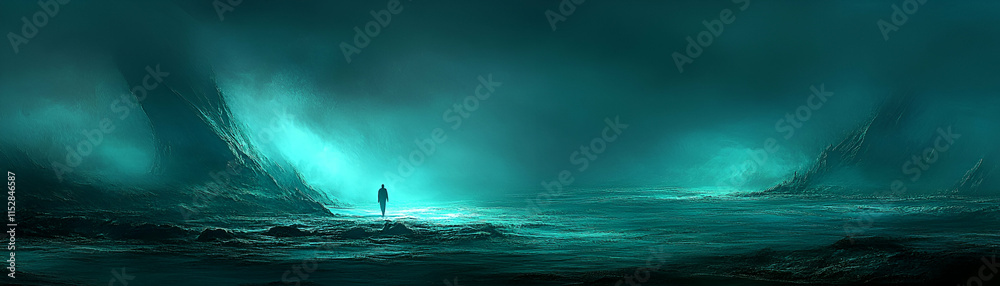 Wall mural Teal Seascape, A Figure Walks Toward Ethereal Light, Silhouetted Against a Mysterious, Luminescent Coastal Scene.