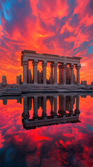 Obraz premium Ancient Temple Reflects Fiery Sunset, Columns Standing Tall Against Vibrant Sky, Majestic Ruins Showcasing History at Dawn.
