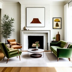 Modern living room, minimalist fireplace, abstract art, green velvet sofa, emerald armchair, potted plants, round coffee table, white walls, wooden floor, cozy interior design, earth tones, geometric 