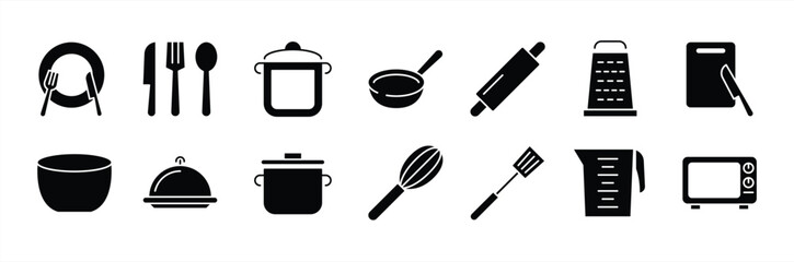 kitchen cooking icon set. contain kitchen appliance, fork, spoon, knife, frying pan, plate, spatula, oven, kitchen essentials icon collections. vector illustration