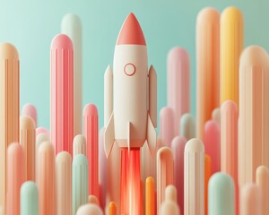 Obraz premium Dynamic Business Scaling, Simple Rocket Launching Over Colorful Landscape