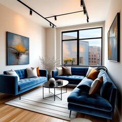 Fototapeta premium Modern luxury apartment interior, cozy blue velvet sofa, abstract wall art, large windows with city view, hardwood floors, track lighting, minimalist coffee table, rich textures, warm color palette, s