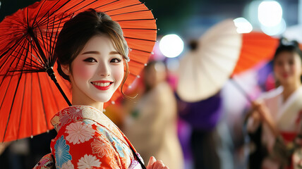 Smiling geisha holding traditional japanese umbrella during festival
