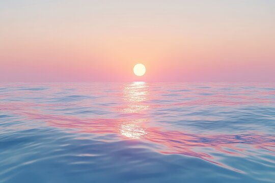 Serene ocean sunset with pastel sky and calm water.