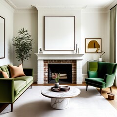 Modern living room, minimalist fireplace, abstract art, green velvet sofa, emerald armchair, potted plants, round coffee table, white walls, wooden floor, cozy interior design, earth tones, geometric 