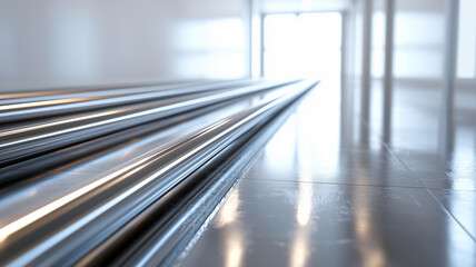 Aluminum &ndash; Shiny aluminum sheets reflecting light, 8k, hyper realistic.
