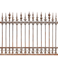 Wrought iron fence with rusted edges isolated on transparent background.