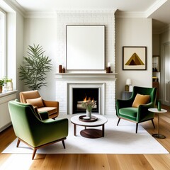 Modern living room, minimalist fireplace, abstract art, green velvet sofa, emerald armchair, potted plants, round coffee table, white walls, wooden floor, cozy interior design, earth tones, geometric 