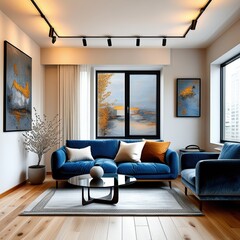 Fototapeta premium Modern luxury apartment interior, cozy blue velvet sofa, abstract wall art, large windows with city view, hardwood floors, track lighting, minimalist coffee table, rich textures, warm color palette, s