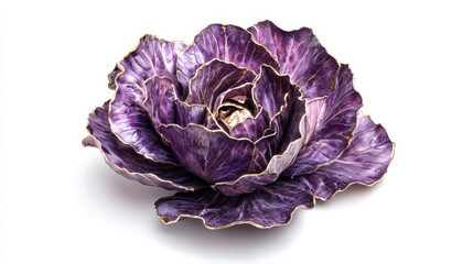 Obraz premium A crisp and vibrant violet cabbage with intricate textures, the leaves swirling with hints of metallic gold accents, perfectly isolated on a clean white background. Hyper-detailed realism, no shadows,