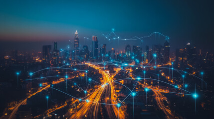 Obraz premium Smart digital city with connection cyber security network reciprocity over the cityscape . future smart wireless digital city and social media networking systems that connects people within the city