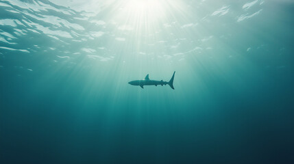 Fototapeta premium Solitary Shark Silhouette: An ethereal underwater photograph captures a lone shark silhouetted against a sunbeam, creating a sense of mystery and awe. The blue hues of the ocean evoke tranquility.