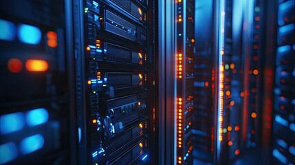 A corridor in a modern data center, lined with sleek server racks on either side.