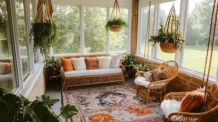 A living room with a rug, a couch, and a few chairs