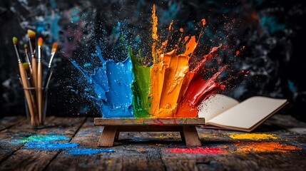 Colorful paint explosion on tiny easel with brushes and open book.