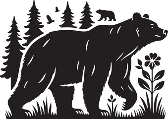 Black Bear Silhouette line art vector illustration on white background