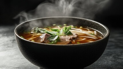 Steaming Bowl Of Beef Noodle Soup With Basil