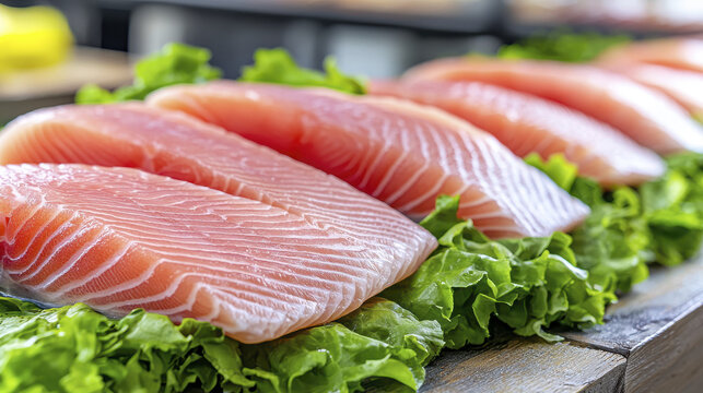 Fresh Basa fish fillets arranged on bed of crisp lettuce, showcasing vibrant colors and textures. Perfect for culinary presentations