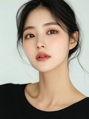 Naklejka premium Studio portrait of a fashionable East Asian beautiful young woman with dark hair styled in loose waves wearing a black top and soft makeup on a light blue background.