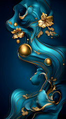 Fototapeta premium Elegant Teal & Gold Abstract Art, Fluid Forms Dance with Golden Floral Accents and Glittering Details, Creating a Luxurious Visual Symphony.