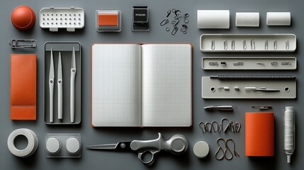 Flatlay of stationery, tools, and office supplies on a gray background.