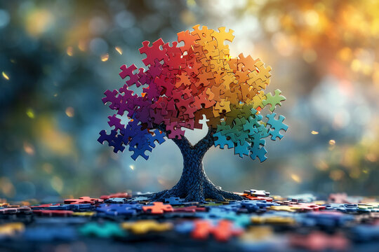 A unique and artistic depiction of a tree crafted from multicolored puzzle pieces, set against a soft blurred background