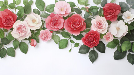 Obraz premium Beautiful paper flowers in various shades of red and pink with green leaves