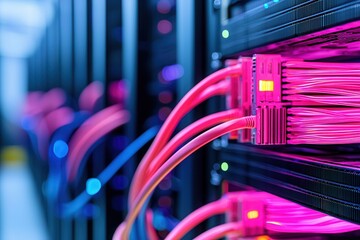 Fototapeta premium Fiber optic networks transmit data via lasers. Data center with colorful cables and servers in focus.
