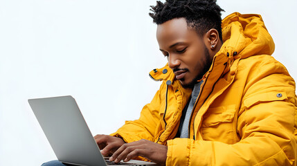 Fototapeta premium Man in Yellow Jacket Uses Laptop: Working Efficiently Indoors
