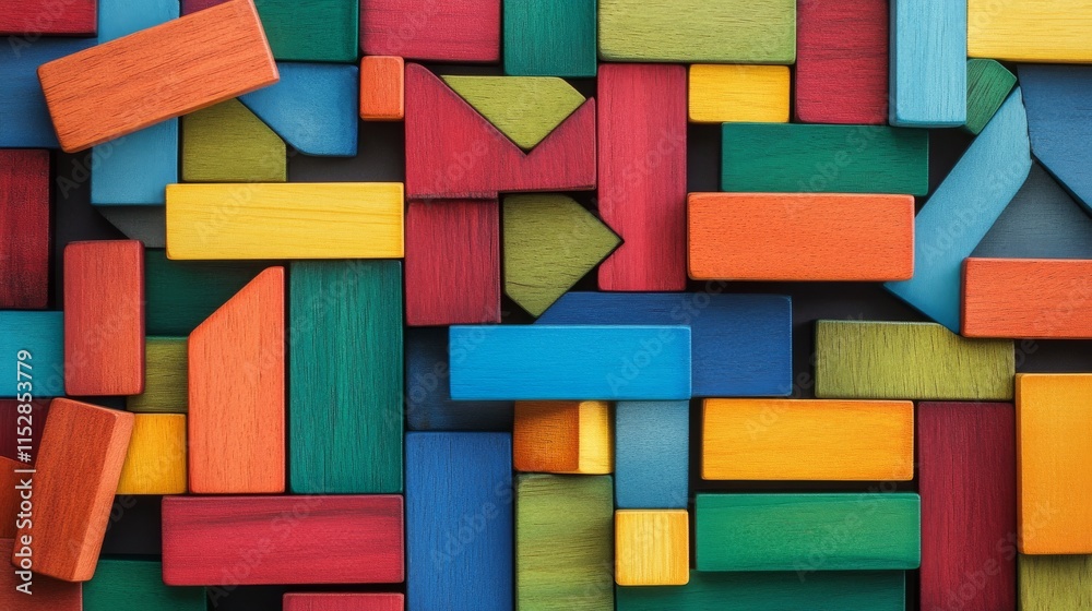 Poster a meticulous block-building scene with colorful wooden blocks, vibrant blocks forming intricate patt
