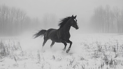 A horse galloping through a snowy meadow. 