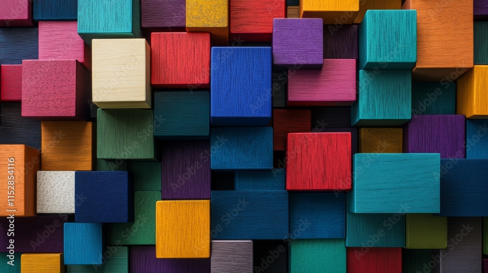 Poster A meticulous block-building scene with colorful wooden blocks, Vibrant blocks forming intricate patterns, Contemporary minimalist style