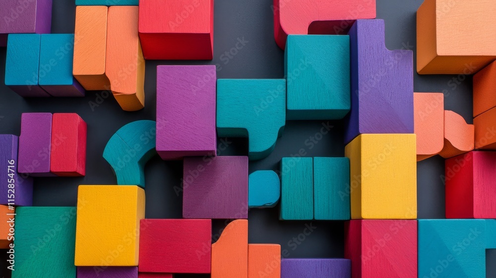 Poster A meticulous block-building scene with colorful wooden blocks, Vibrant blocks forming intricate patterns, Contemporary minimalist style